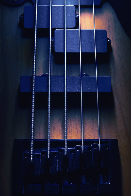 Bridge and Pickups of Five Strings Bass Guitar