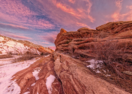 redrocks morrison colorado pink clouds landscape landscapes snow sunrise dawn daybreak