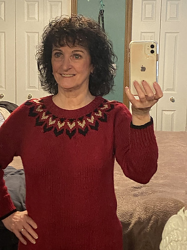 Jean knit herself this striking Little Norway Pullover by Kiyomi Burgin.