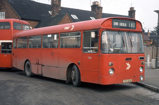Boring Livery Prize  - Goes to Potteries Motor Traction 1120 TVT120G - Uttoxeter Bus Station , Staffordshire. March-1974