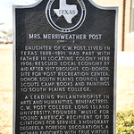 Mrs. Merriweather Post Historical marker for Mrs. Merriweather Post in front of the Garza County Courthouse in Post, Texas.  The plaque reads:

“Daughter of C. W. Post. Lived in Texas 1888-1891. Had part with father in locating colony here 1906; rescued local economy by aid after 1917 drought. Co-donor, site for Post Recreation Center. Donor, South Plains Council Boy Scouts Camp; books and paintings to South Plains College. A leading philanthropist in arts and humanities. Benefactress, C. W. Post College, Long Island University; founder &amp;quot;Music for Young America.&amp;quot; Recipient of 30 citations for service, 3 honorary degrees, 6 foreign decorations. A woman endowed with true virtues of generosity and compassion. 1968”
