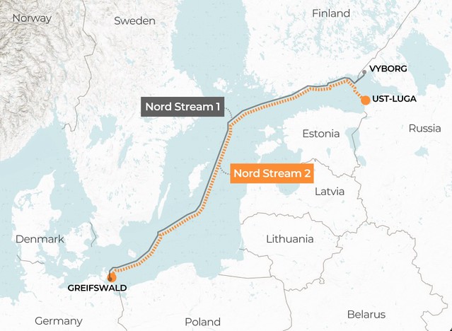 北溪二號（Nord Stream 2）造價 116 億美元，全長 1,230 公里。一旦開通，每日可自俄國運送 1 億 5 千 1 百萬立方公尺的天然氣至德國。（圖片來源： Al Jazeera）