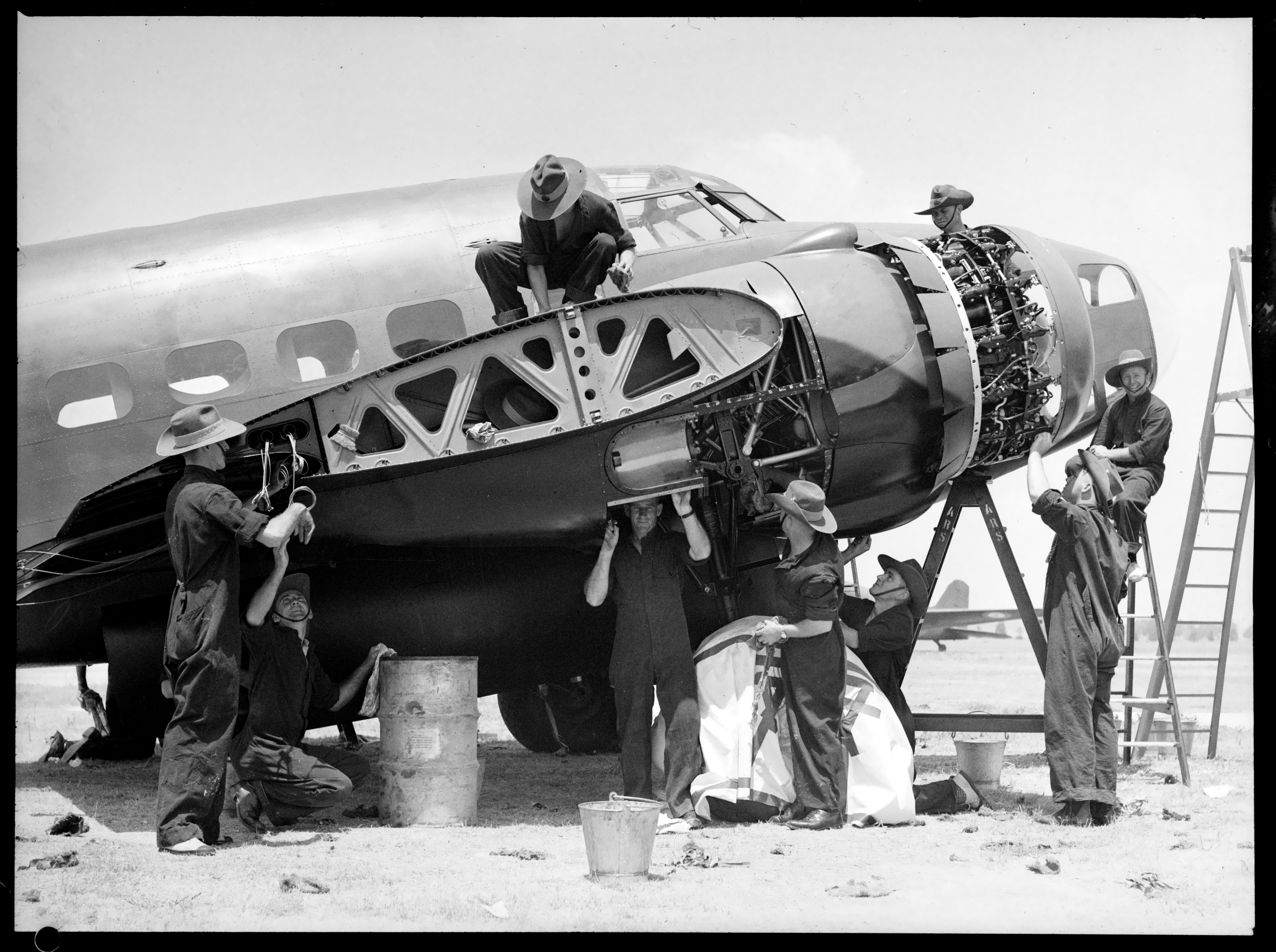 RAAF crew working on newly arrived Lockheed aircraft at Richmond, Sydney, 1940