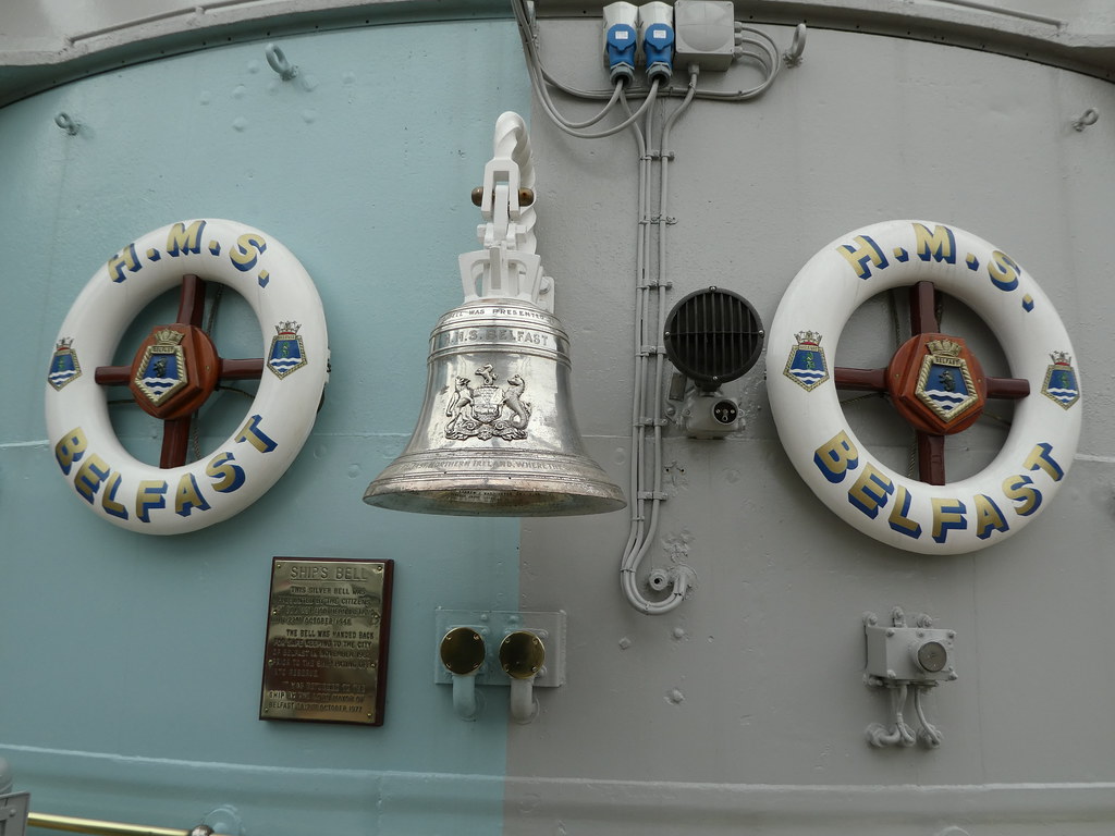 Ship's bell and lifebelts, HMS Belfast 