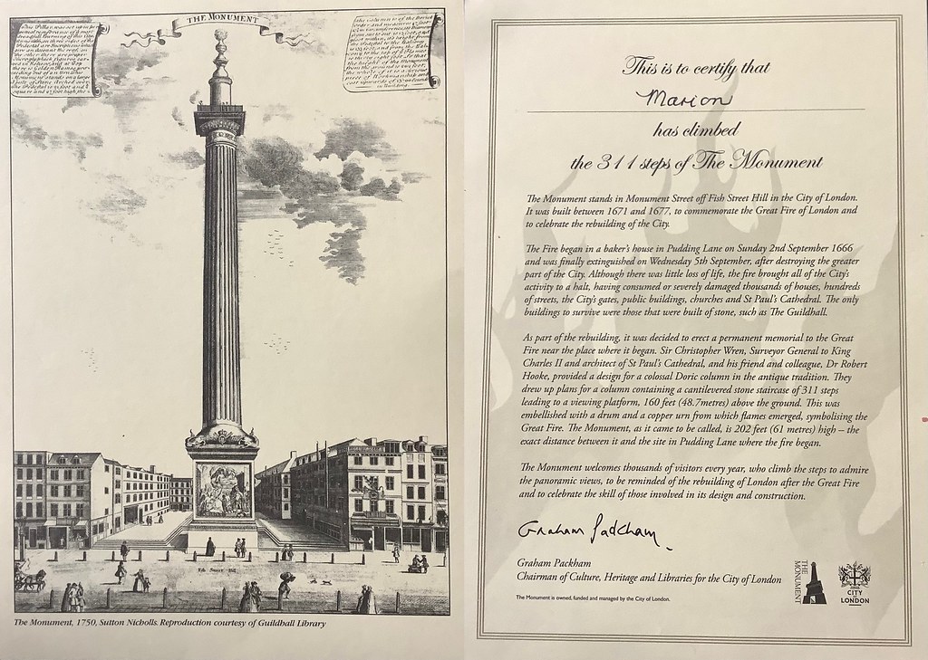 Certificate for climbing to the top of The Monument