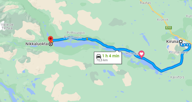 Mapa de la carretera entre Kiruna y Nikkaluokta