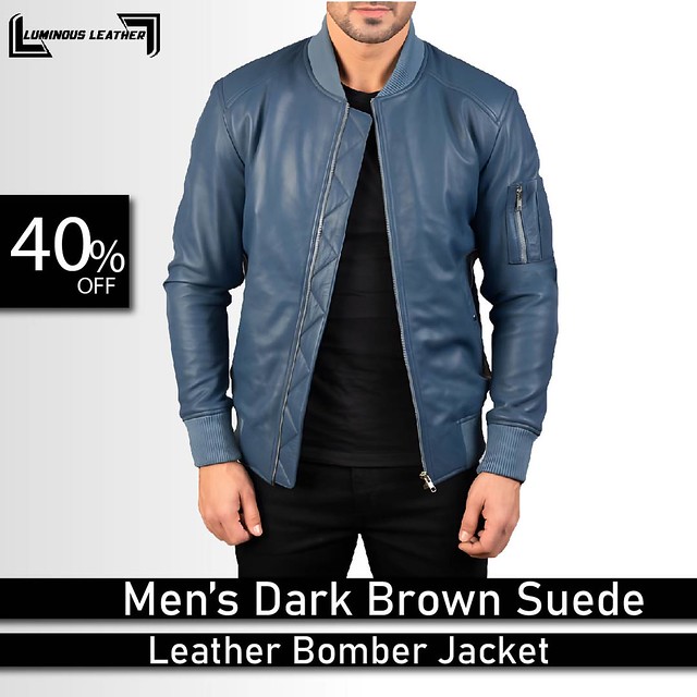 Blue Bomber Leather Jacket For Men’s