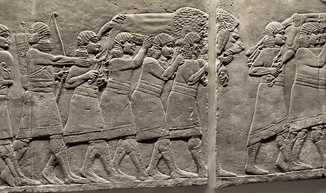 Lion hunt trophy - palace stone relief, Neo-Assyrian empire, 9thC BCE - British Museum, London WC1.