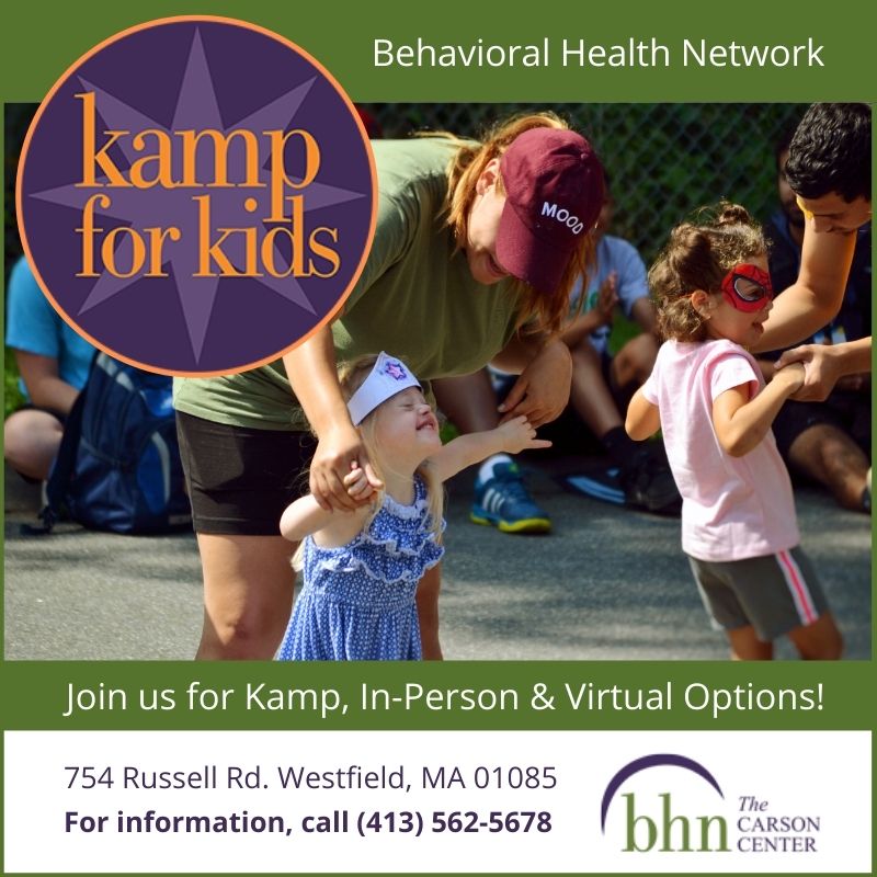 Photo of adult and child play with text overlay, Behavioral Health Network Kamp for Kids in Westfield, MA.