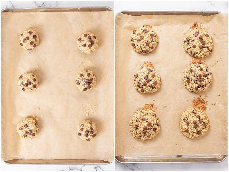 Oatmeal chocolate chip cookies before and after baking