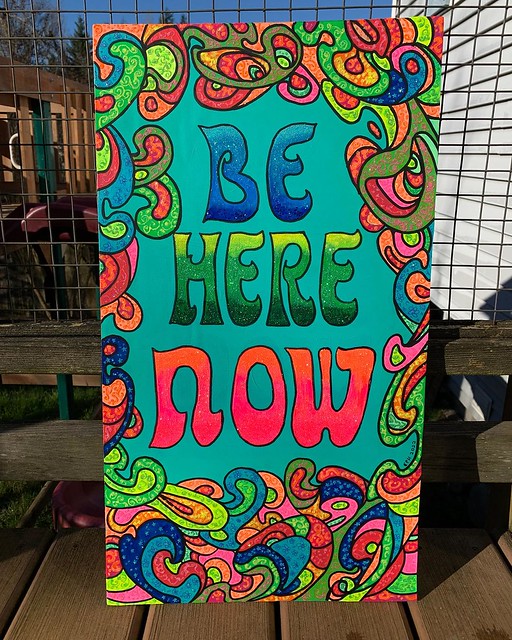Freshly listed in my Etsy shop! “Be Here Now”, acrylic paint, paint marker and glitter on poster board mounted on thin wood. 13.5 x 24 inches. 175$ and free shipping. Grooooovy, baby! ☮️🌈✨✨✨