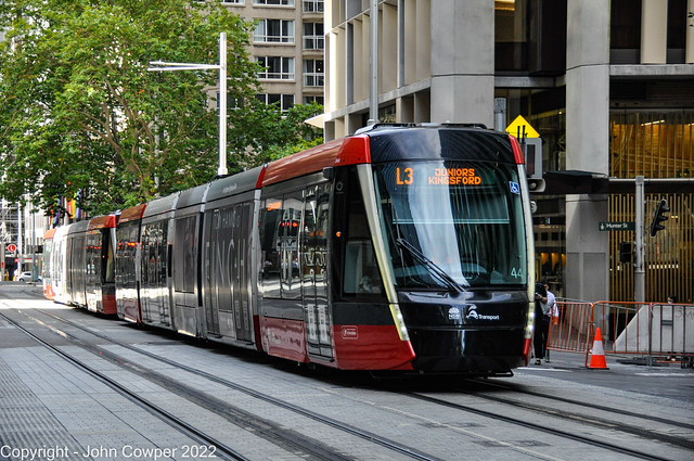 Sydney Light Rail - LRVs 2243 & 2244 cross Hunter Street