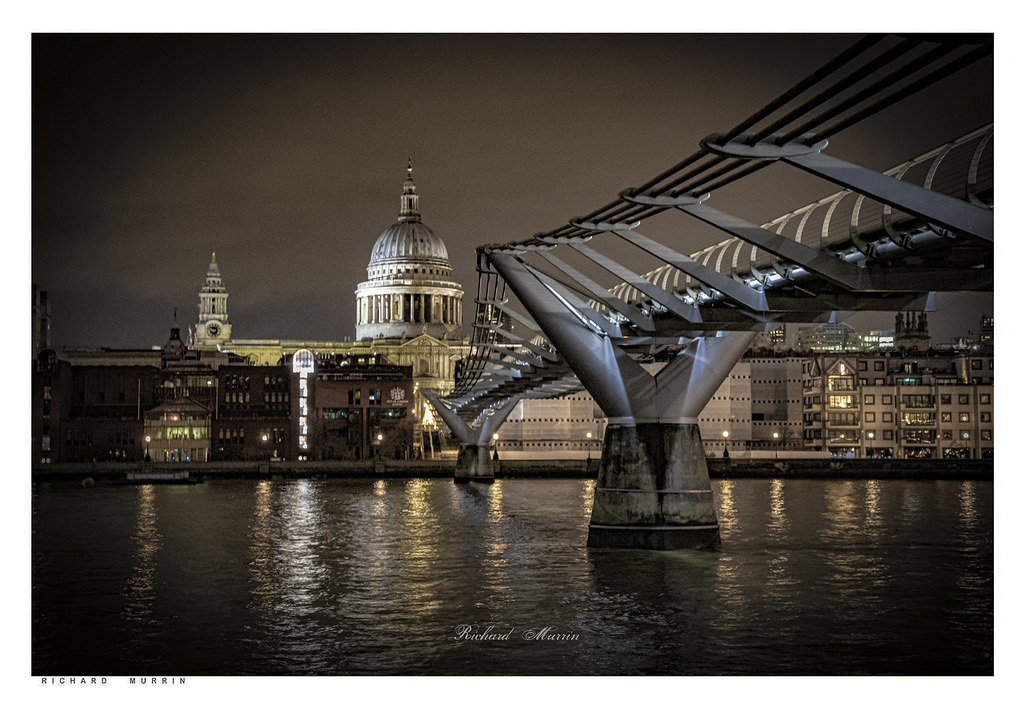 London at night, Millennium Bridge & St Pauls.