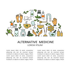 Big set of symbols of alternative medicine. Modern thin line icons collection, flat style. Vector background, colorful elements group. Illustration with medical icon, logo design. Place for text here