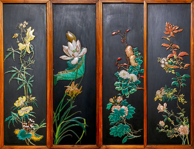 Chinese, 17-19th c.: Wood Panels Depicting Flowers of the Four Seasons
