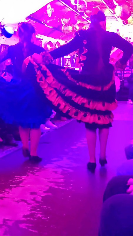 Back of flamenco dancers lifting their layered skirts in the pink light.