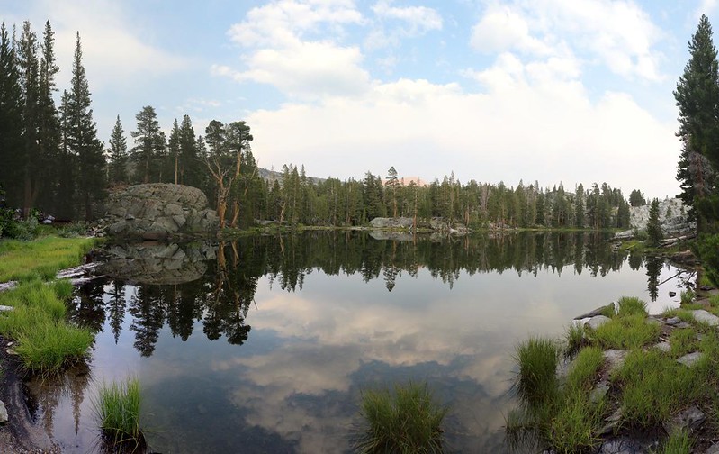 Panorama view of reflections on Badger Lake in the late afternoon