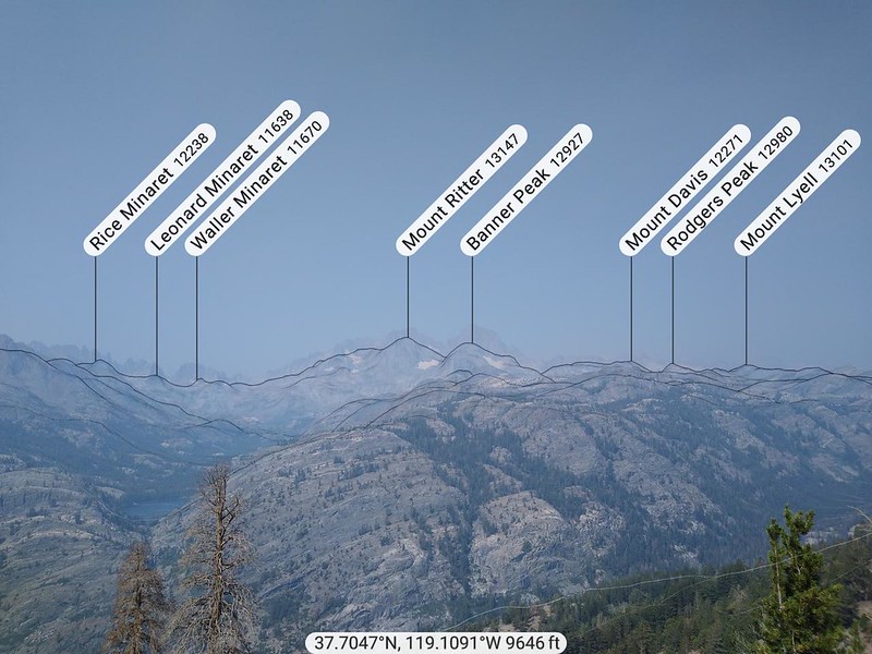 Peakfinder Earth app screenshot with annotated peaks across the valley - the Minarets, Ritter, Banner, and more