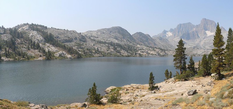 Panorama view over Garnet Lake from the JMT as we continue south