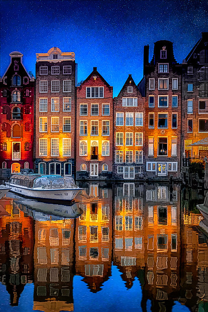 Canal Houses Reflection at Midnight