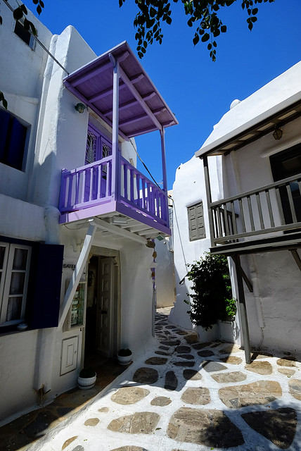 Purple Balcony in Mykonos, Greece