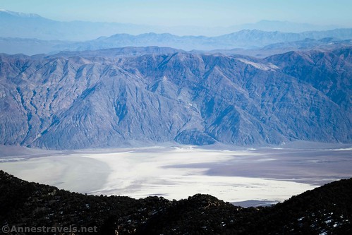 Looking down on the Badwater Salt Flats and the Black Mountains from near Wildrose Peak, Death Valley National Park, California
