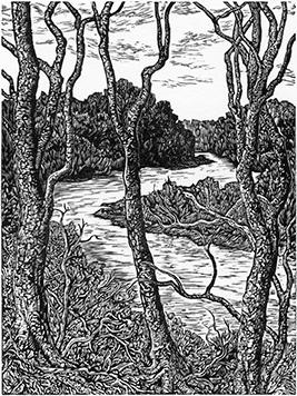 A shining ribbon of water, reprepresenting Gerard's work in landscape art. From  Read This: Examining a Creative Life Well-Lived in Books By Hand
