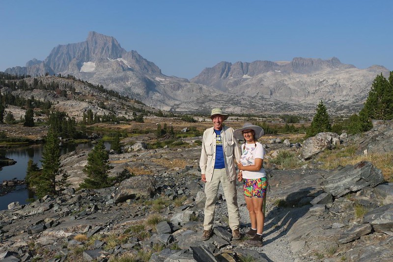 We posed together, looking over the Thousand Island Lake basin, with Mount Ritter, Banner Peak, and Mount Davis