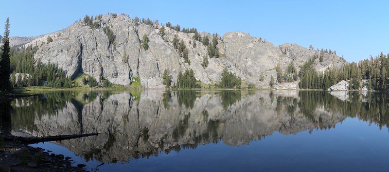 Panorama shot of dawn reflections over Rosalie Lake, from the JMT
