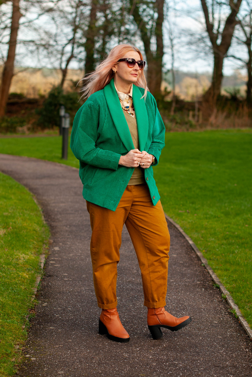 Styling My Mum's Vintage 80s Green Corduroy Jacket (with an olive tank top, patterned shirt, tobacco brown peg leg trousers and layered gold necklaces) | Not Dressed As Lamb, over 40 style blog