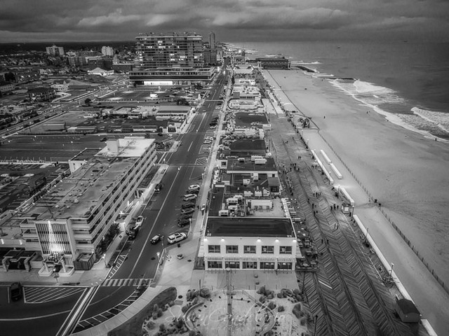 Asbury Park Boardwalk Aerial bwAsbury Park Boardwalk Aerial bw  - Aerial view to the historic Asbury Park's Carousel House with Asbury Park Beach and boardwalk in the background.This image is available in color as well as black and white. To view addition