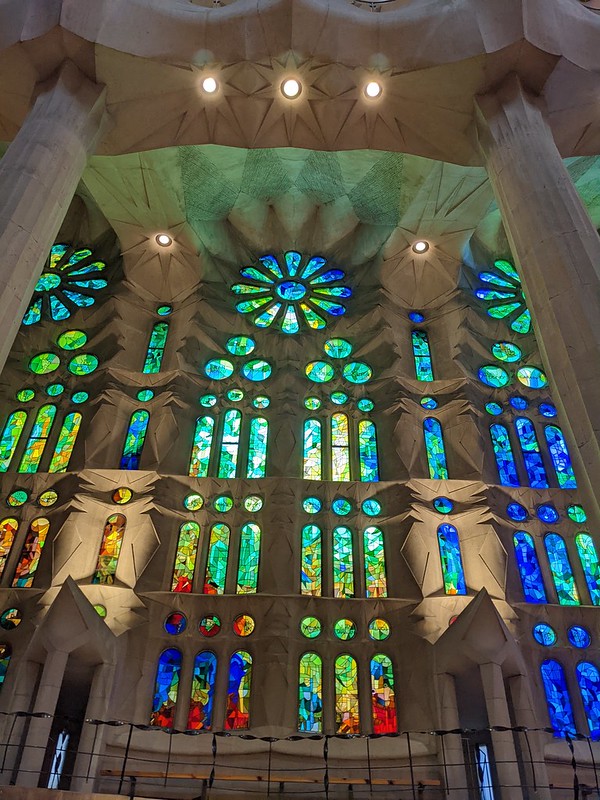 Blue and green stained glass windows