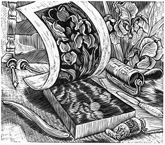 "Proofing the iris block," showing the process of printing from a wood-block. From  Read This: Examining a Creative Life Well-Lived in Books By Hand