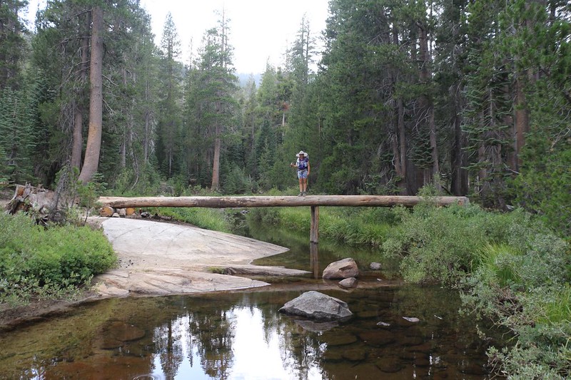 Vicki standing on a long log bridge over Minaret Creek on the JMT