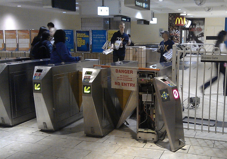 Fare gate deconstructed, Melbourne Central station (Feb 2012)