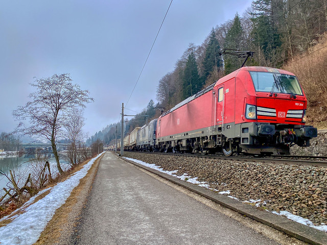 Siemens Vectron double traction hauling cargo through the river Inn valley near Kufstein in Tyrol, Austria