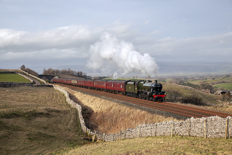 Fighting a strong headwind, Jubilee No.45699 'Galatea' heads a Winter Cumbrian Mountain Express past Greengates near Kirkby Stephen.