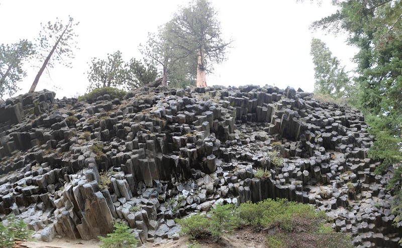Mostly hexagonal basalt columns sticking raw from the mountainside as we climbed on the Devils Postpile loop