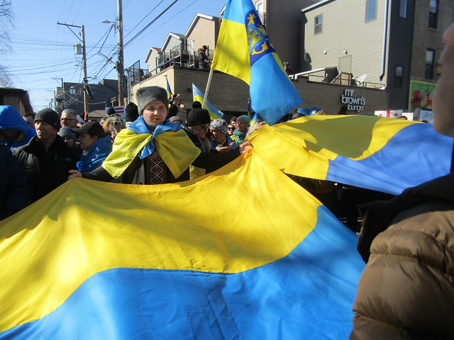 A large Ukrainian flag