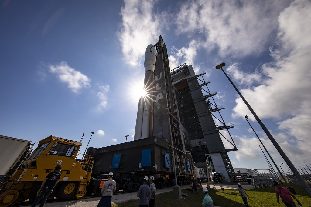 A United Launch Alliance (ULA) Atlas V rocket with NOAA's GOES-T satellite rolls out from the Vertical Integration Facility (VIF) to the launchpad at Space Launch Complex-41 at Cape Canaveral Space Force Station, Florida, on Feb. 28, 2022.