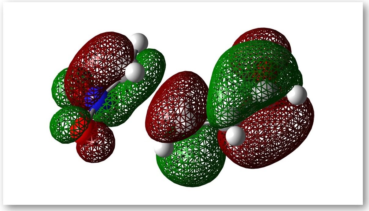 Supercomputing generated 3D render of the lowest energy molecular orbital (LUMO) of a simple Nitro-Michael addition transition state.