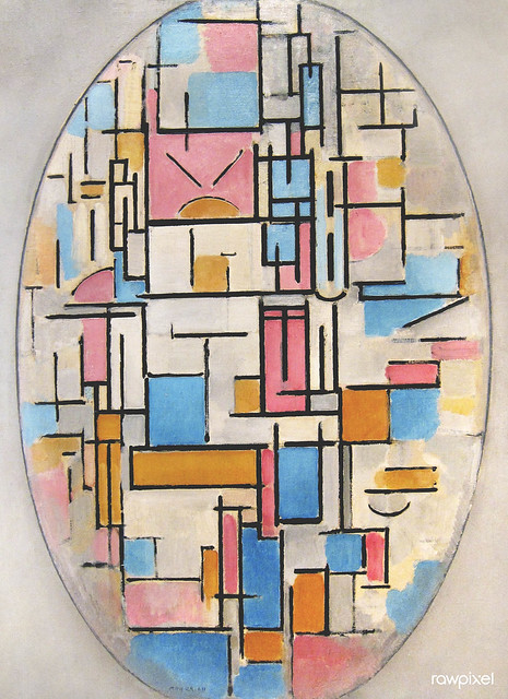 Piet Mondrian's Composition in Oval with Color Planes 1 (1914) famous painting.