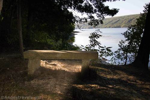 The stone bench a short distance down the Hemlock Lake Trail, New York