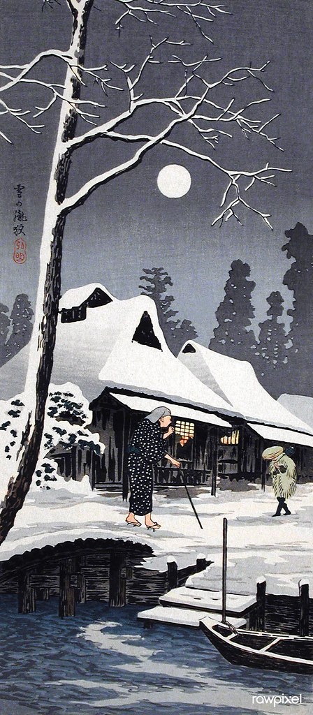 Moonlight on Snow (1936) print in high resolution by Hiroaki Takahashi. Original from The Los Angeles County Museum of Art. Digitally enhanced by rawpixel.