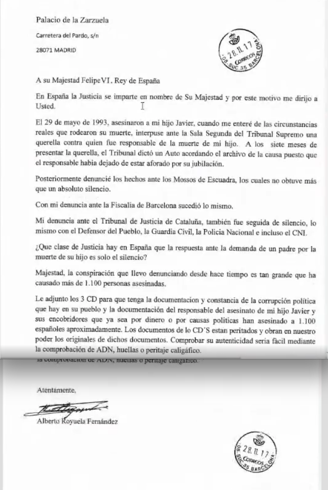 Carta de Alberto Royuela a Felipe VI