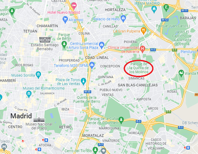 Mapa de situación del Parque Quinta de los Molinos en Madrid