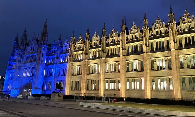 Marischal College, Aberdeen (Explored) - lit up in the Ukrainian flag colours