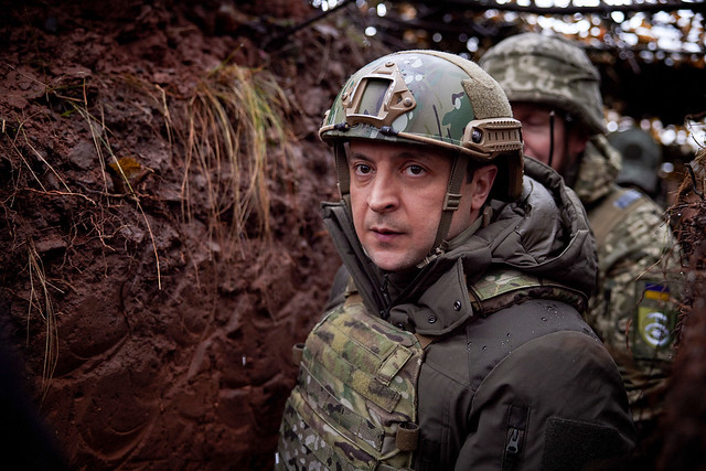 Zelensky at a trench in the war-racked Donetsk region of eastern Ukraine in December 2021 