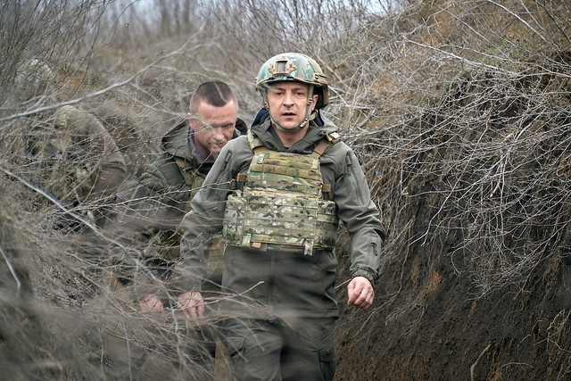 Ukraine's President Volodymyr Zelensky visits positions of armed forces near the frontline with Russian-backed separatists in Donbass region, Ukraine, on April 9, 2021.