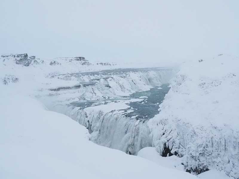 Gullfoss Falls has a deep crevasse that water flows into... the crevasse deepens by an extra 9 inches each year from water erosion